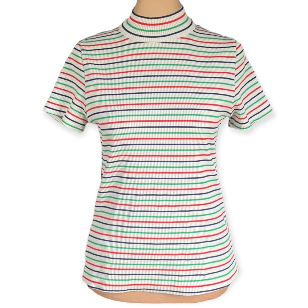 Vintage 70s Ribbed Mock Neck Short Sleeve Striped Shirt size women’s large L